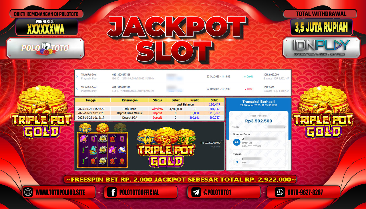 POLOTOTO JACKPOT SLOT TRIPLE POT GOLD Rp.3.500.000,- LUNAS