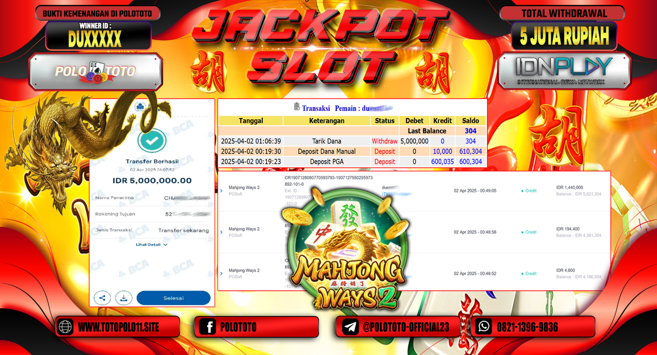 POLOTOTO JACKPOT SLOT MAHJONG WAYS 2 Rp.5.000.000,- LUNAS