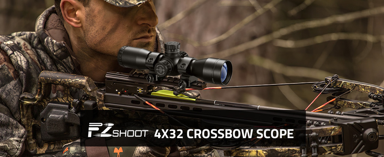 EZshoot 4x32 Crossbow Scope mounted on a crossbow, showcasing its compact design and objective lens.