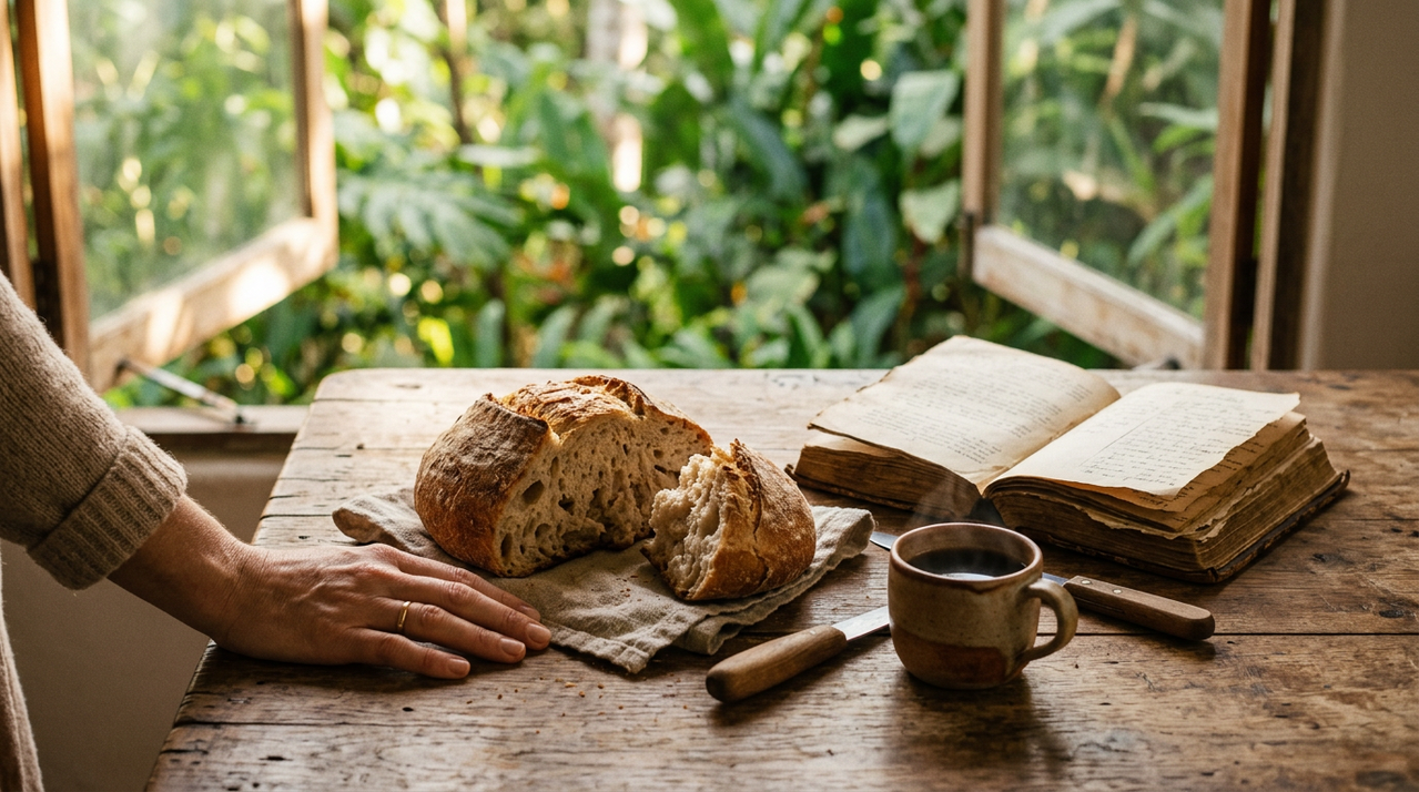Pan recién horneado sobre una mesa de madera, libros abiertos al fondo, luz de amanecer