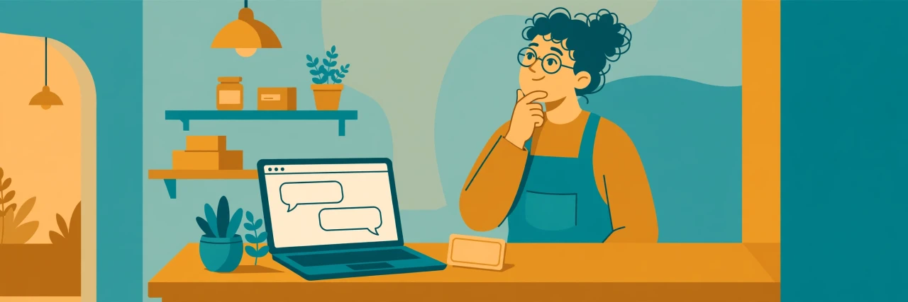 chatgpt ads small business test — shopkeeper at a counter with a laptop showing a chat window and a sponsored card