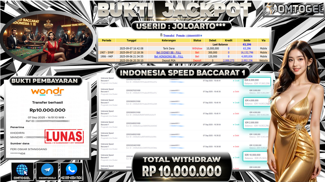 OMTOGEL JACKPOT PRAGMATIC CASINO INDONESIA SPEED BACCARAT 1 10 JUTA DI BAYAR LUNAS ,-