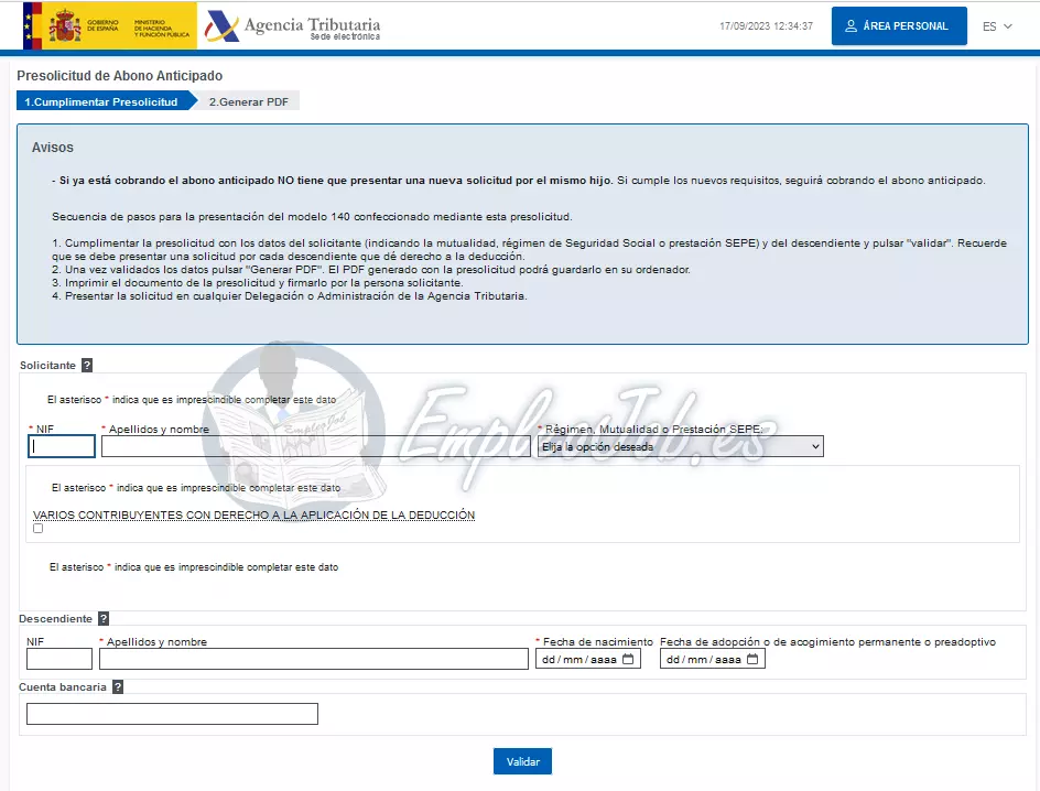 Modelo 140 para la pre solicitud de abono anticipado de la deducción por maternidad