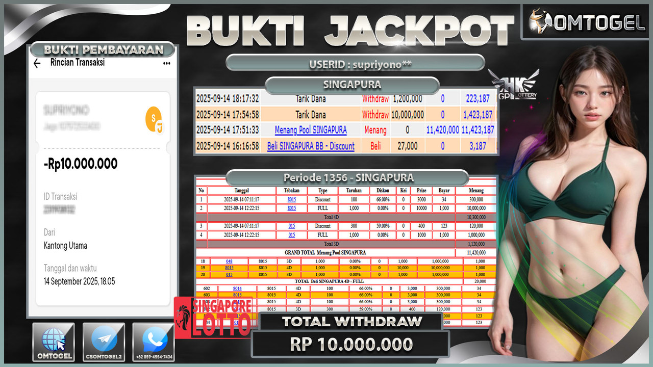 OMTOGEL JACKPOT SINGAPURA 4D 3D 10 JUTA DI BAYAR LUNAS ,-