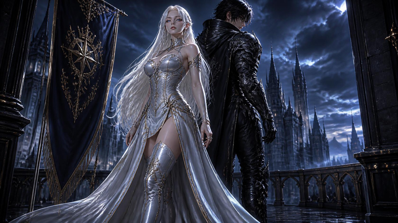 Orielle is a 5 8 tall woman with waist long platinum hair wearing a silver and gold made corset and