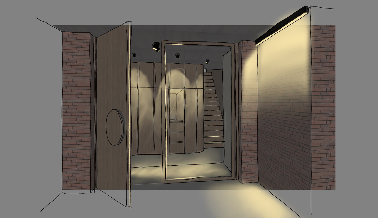 Lighting design for a single-family home entrance area and residential architecture with calm daylight connection