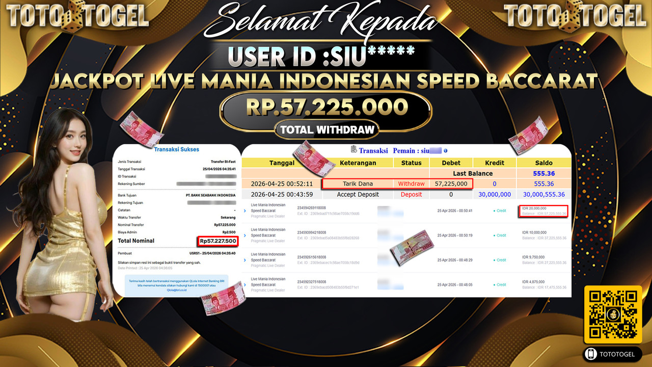 Bukti Pembayaran Jackpot Permainan Pragmatic Live Mania Indonesian Speed Baccarat ID:SIU*****LUNAS