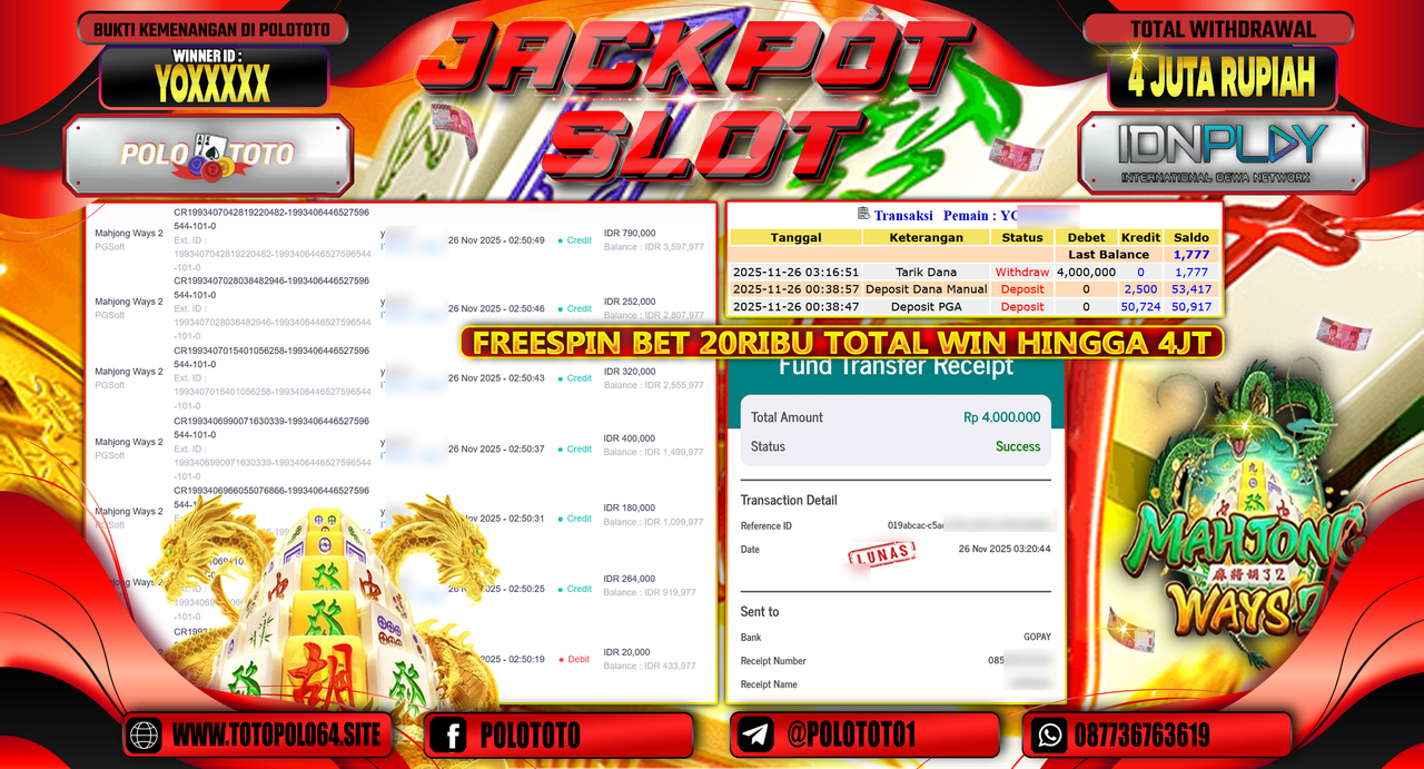 POLOTOTO JACKPOT SLOT MAHJONG WAYS 2 Rp.4.000.000,- LUNAS