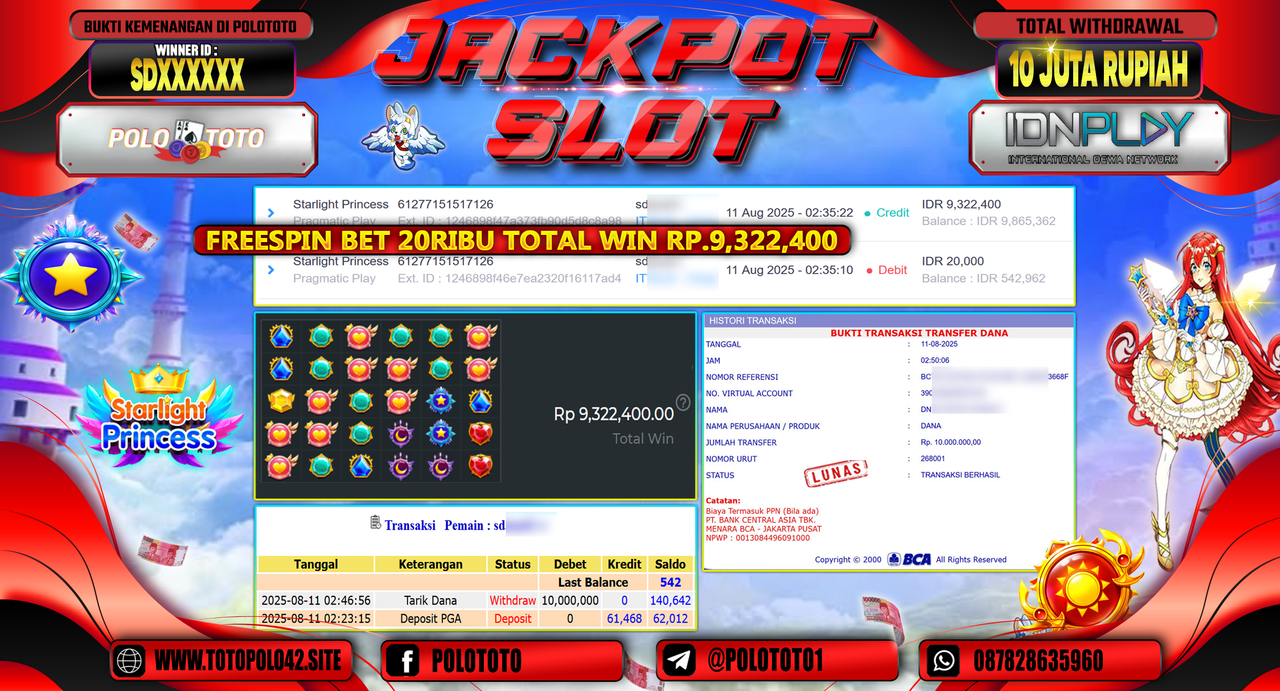 POLOTOTO JACKPOT SLOT STARLIGHT PRINCESS Rp.10.000.000,-LUNAS
