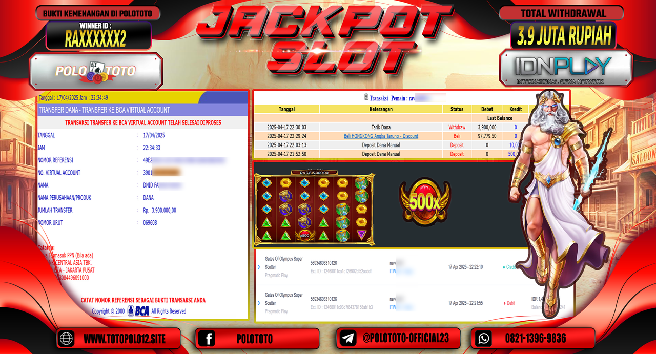 POLOTOTO JACKPOT SLOT GATES OF OLYMPUS 1000 Rp.3.900.000,-