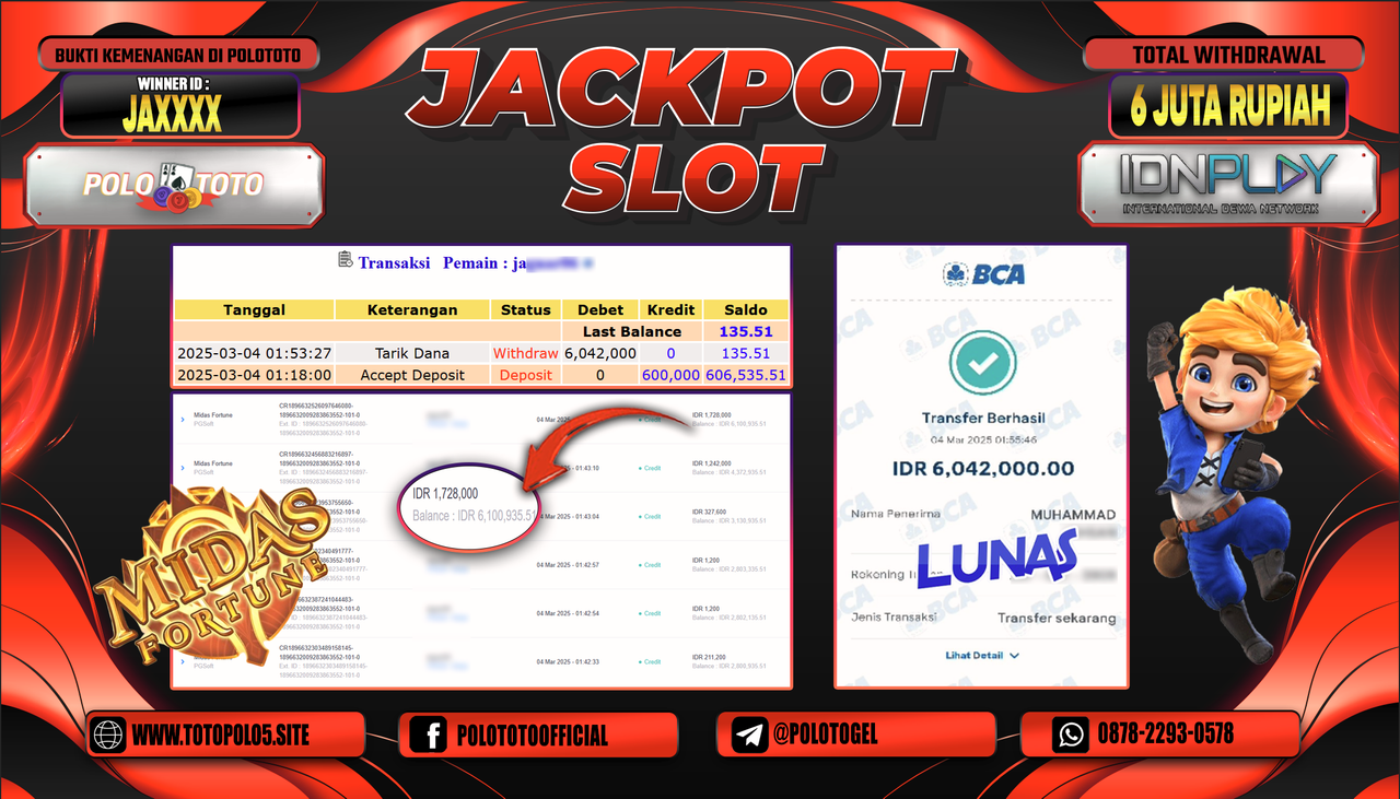 POLOTOTO JACKPOT SLOT MIDAS FORTUNE Rp.6.042.000,-