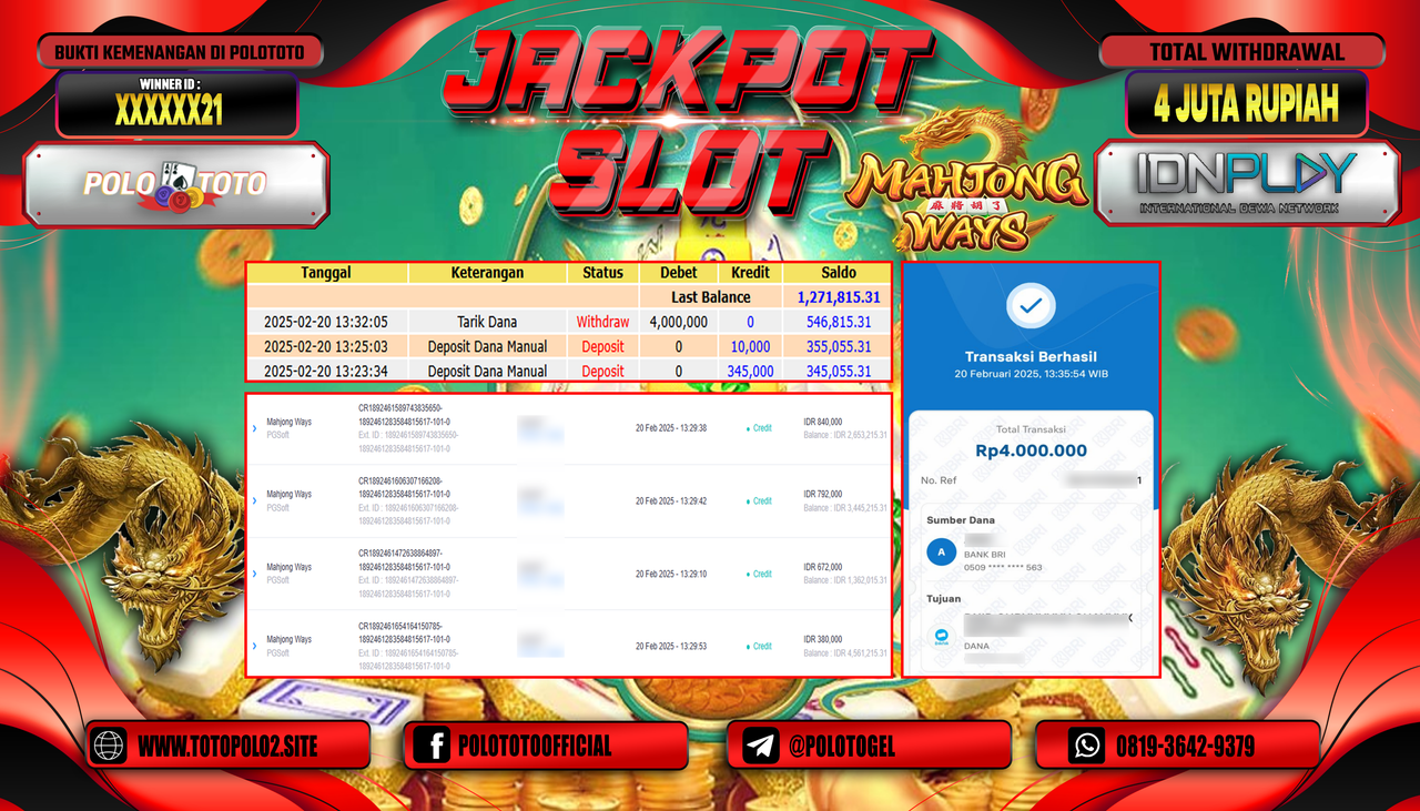POLOTOTO JACKPOT SLOT MAHJONG WAYS Rp.4.000.000,-