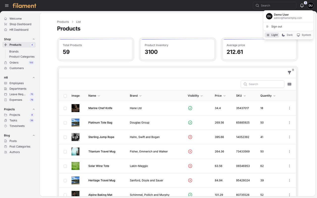 Stature Theme user menu in light mode