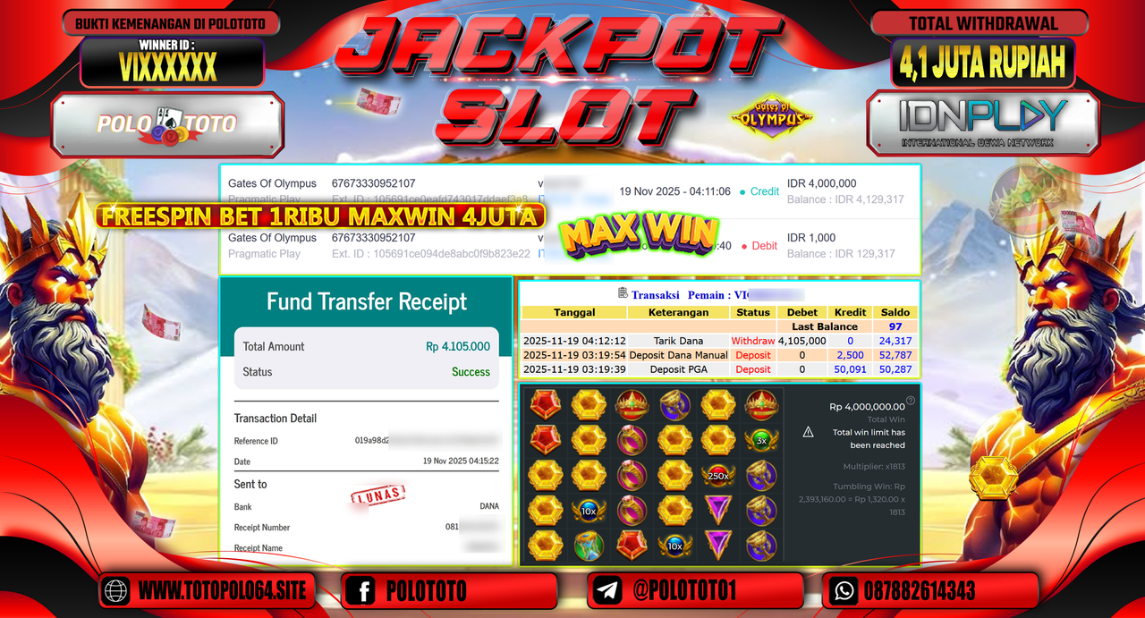 POLOTOTO JACKPOT SLOT GATES OF OLYMPUS Rp.4.100.000,- LUNAS
