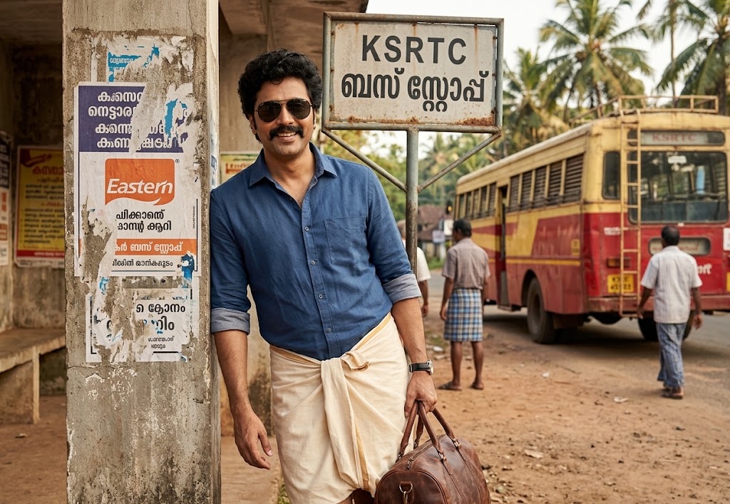 AI-generated example result for the creative-images prompt: Vintage Kerala KSRTC Bus Stop Portrait by Prompt Craft