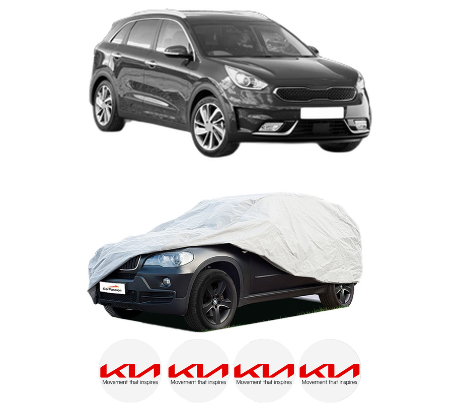 Husa tip prelata auto pentru KIA NIRO I (DE) din 2016-2022, Culoare Gri, material textil impermeabil, rezistanta la intemperii praf UV, CARPASSION Husa Protectie, 4 Stickere auto cu KIA