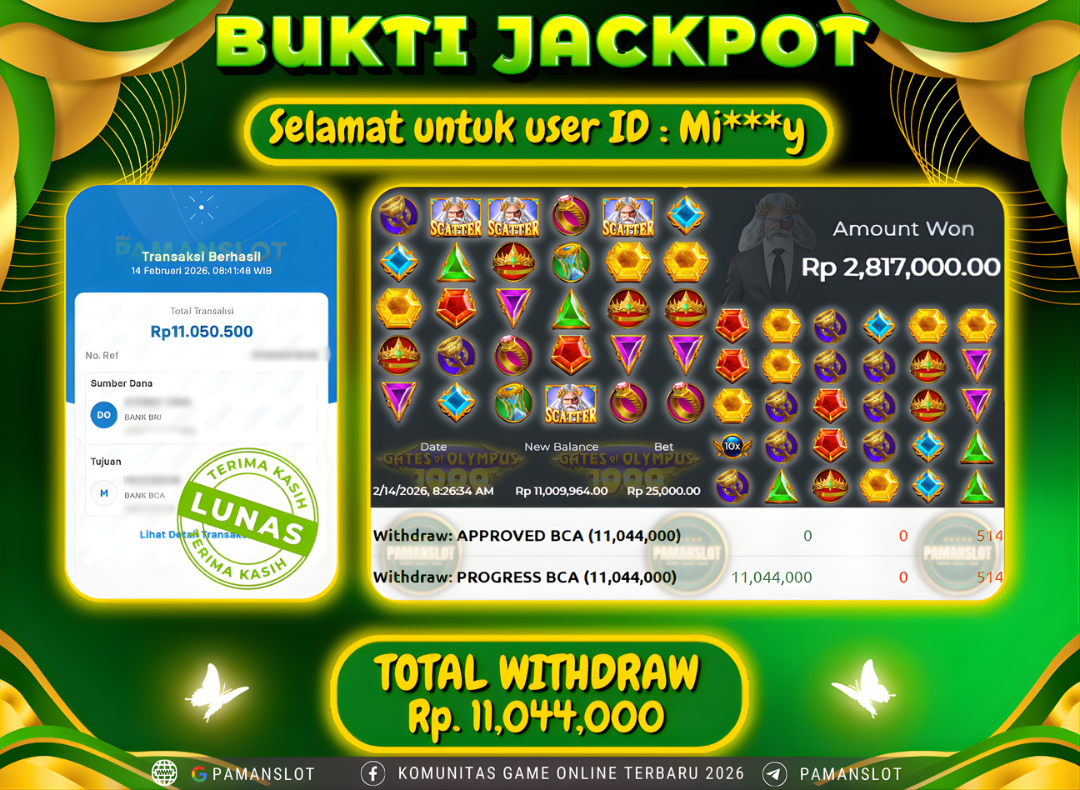 PAMANSLOT JACKPOT Game PP - Gates Of Olympus 1000 Rp.11,044,000- LUNAS