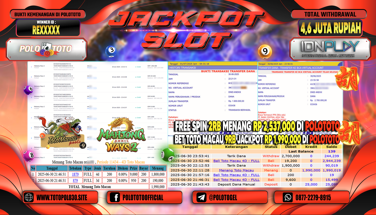 POLOTOTO JACKPOT SLOT MAHJONG WAYS 2 & TOTO MACAU Rp.4.600.000,- LUNAS