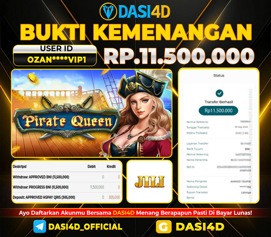 BUKTI KEMENANGAN 18 SEPTEMBER  2025 DI  PIRATE QUEEN  RP 11.500.000