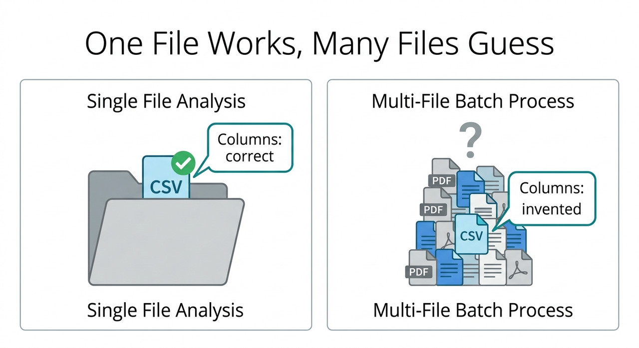 Fix ChatGPT Projects Guessing CSV Contents (2026) 2 Two-panel comparison: a CSV alone in a project is read correctly, while the same CSV among many files gets invented columns