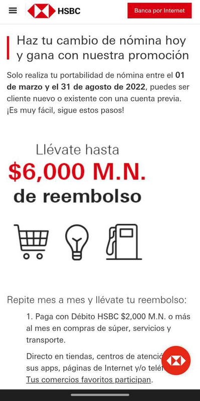 Hasta $6,000 de rembolso con HSBC, cambio de nómina 