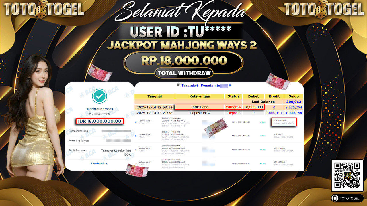 Bukti Pembayaran Jackpot Permainan Slot Mahjong Ways 2 ID:TU***** LUNAS