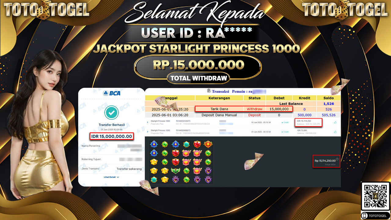 Bukti Pembayaran Jackpot Permainan Slot Starlight Princess 1000 ID:RA***** LUNAS