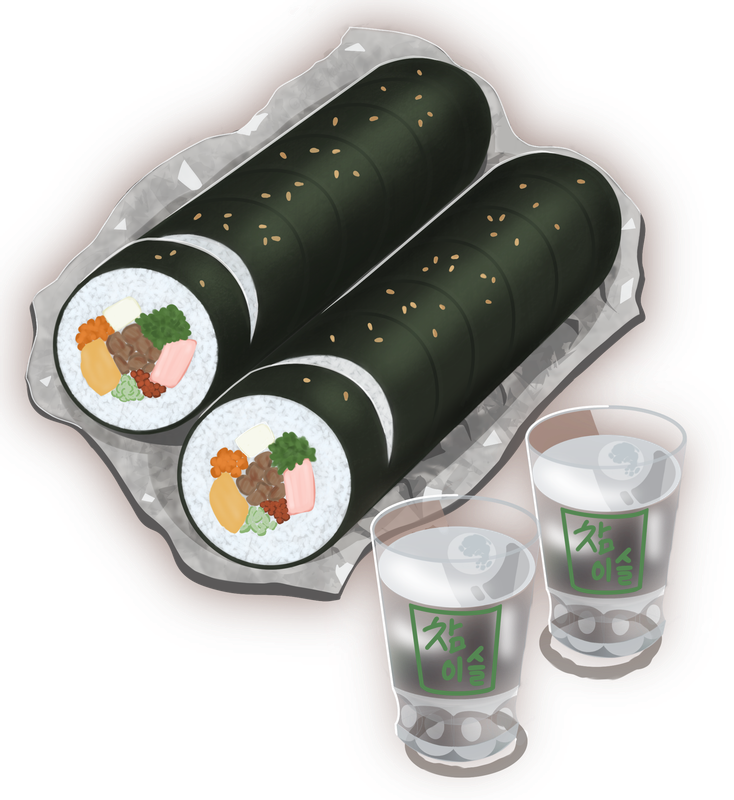 An illustration of two rolls of kimbap and two shot glasses of soju