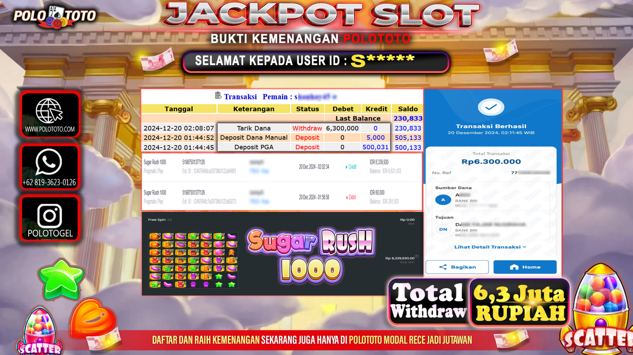 POLOTOTO JACKPOT SLOT SUGAR RUSH 1000 Rp.6,300.000,-