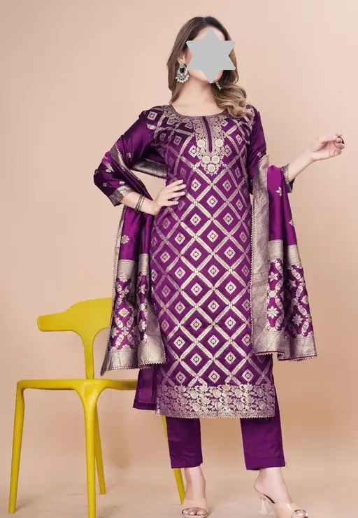 Designer Art Silk Unstitched Suit Material Beautiful Party wear Woven banarasi suit material For Women Kurta Set With Dupatta for Ladies Color 3 (R119)