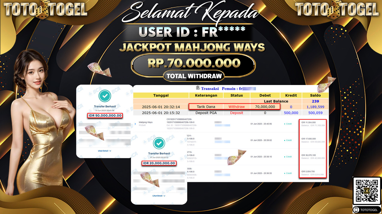 Bukti Pembayaran Jackpot Permainan Slot Mahjong Ways ID:FR***** LUNAS