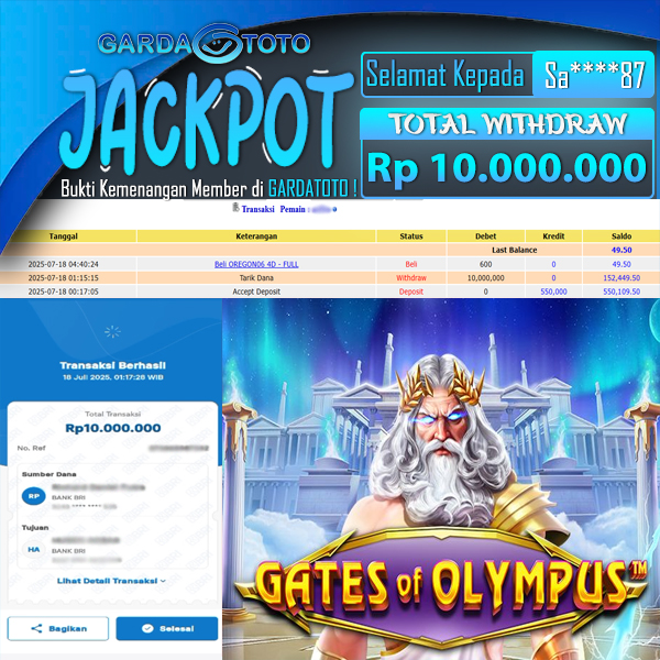 JACKPOT DI PERMAINAN  SLOT PRAGMATIC PLAY GATES OF OLYMPUS WD Rp 10.000.000,- DIBAYAR LUNAS GARDATOTO MANTAP !