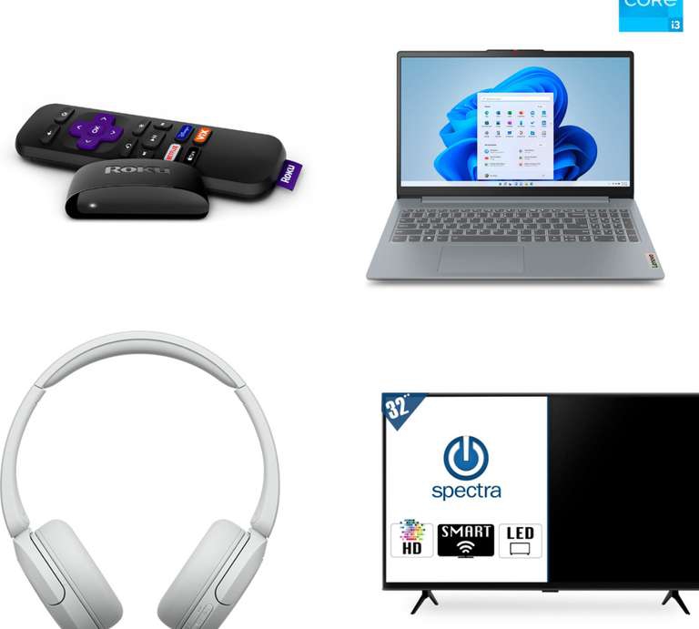 Office Depot: Laptop Lenovo Ideapad Slim 3 I3 8/512, Audífonos Sony WH-CH520, Roku express y pantalla spectra 32 Smart TV o cupón de 3000 
