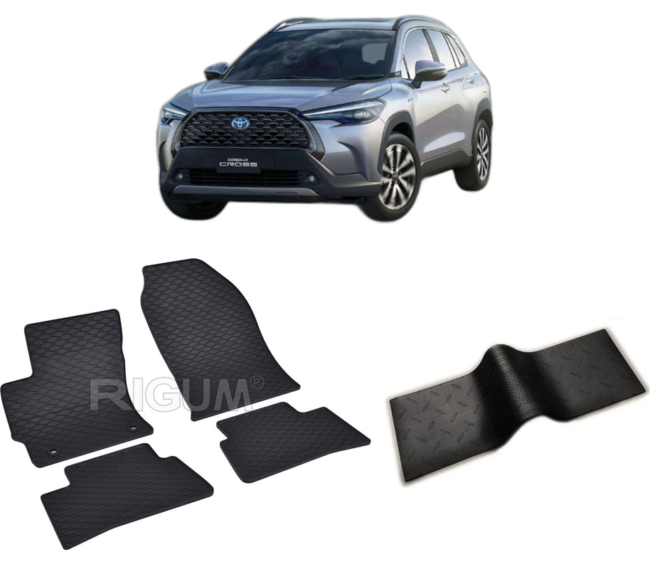 Set covorase auto TOYOTA COROLLA CROSS HYBRID din 11.2022-PREZENT, cu covoras tunel median, CAROSERIE SUV, Presuri cauciuc 100%, compatibil cu autoturismul TOYOTA COROLLA CROSS HYBRID, Rigum