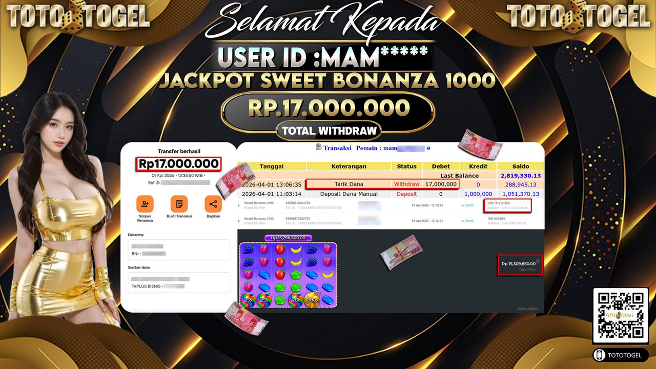 Bukti Pembayaran Jackpot Permainan Slot Sweet Bonanza 1000 ID:MAM*****LUNAS