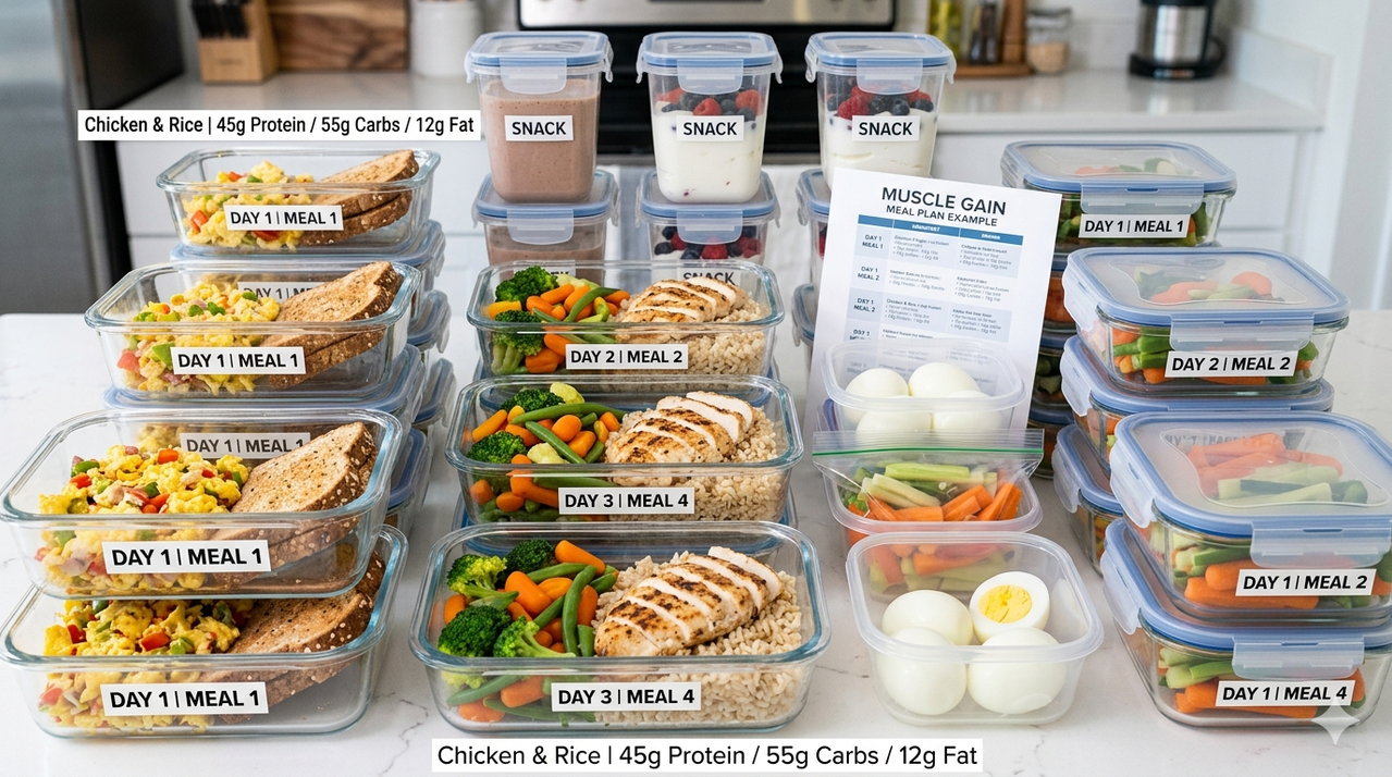 Muscle building meal prep showing chicken rice eggs and vegetables for full day of eating muscle gain meal plan example