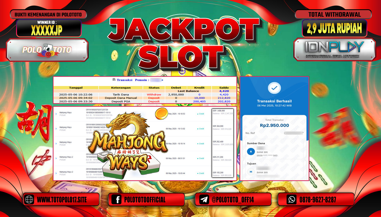 POLOTOTO JACKPOT SLOT MAHJONG WAYS Rp.2.950.000,-