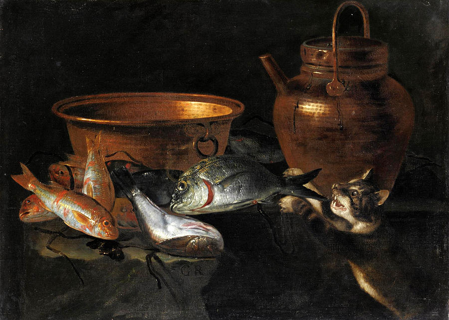 a-still-life-of-fish-with-copper-pans-and-a-cat-giuseppe-recco