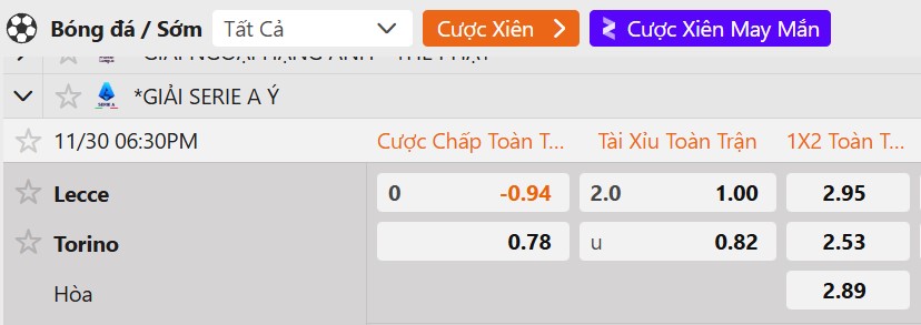 Tỷ lệ kèo Lecce vs Torino FC
