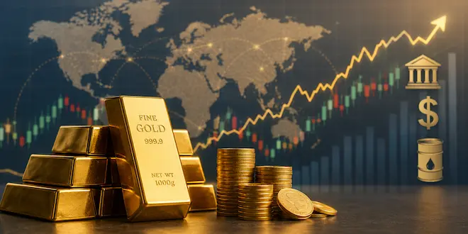 صورة توضيحية لسوق الذهب والاستثمارات العالمية، حيث تظهر سبائك ذهبية نقية مكتوب عليها 