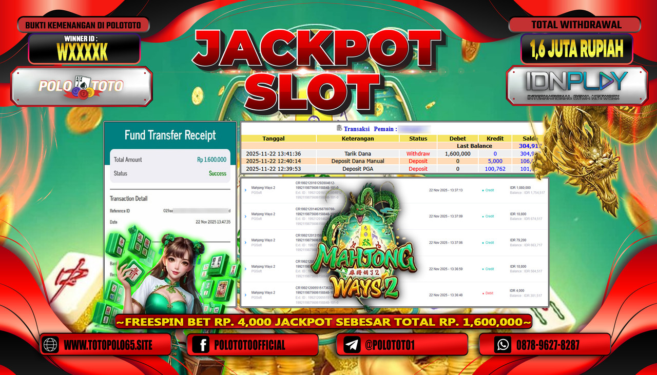 POLOTOTO JACKPOT SLOT MAHJONG WAYS 2 Rp.1.600.000,- LUNAS