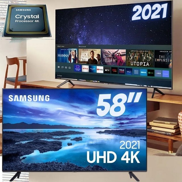 Samsung Smart TV 58″ UHD 4K 58AU7700, Processador Crystal 4K, Tela sem limites, Visual Livre de Cabos, Alexa built in, Controle Único