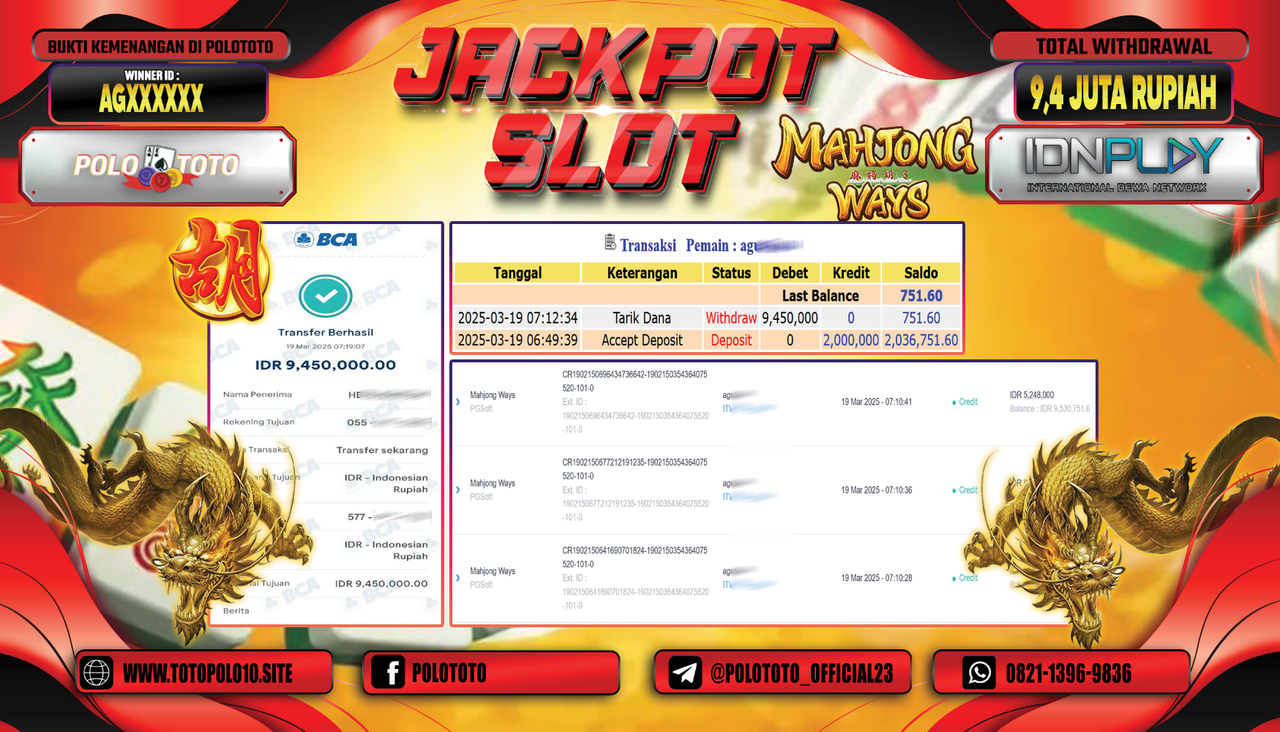 POLOTOTO JACKPOT SLOT MAHJONG WAYS Rp.9.450.000,-