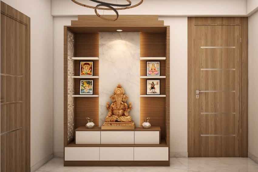 Traditional wooden pooja mandir showcasing detailed craftsmanship and divine charm