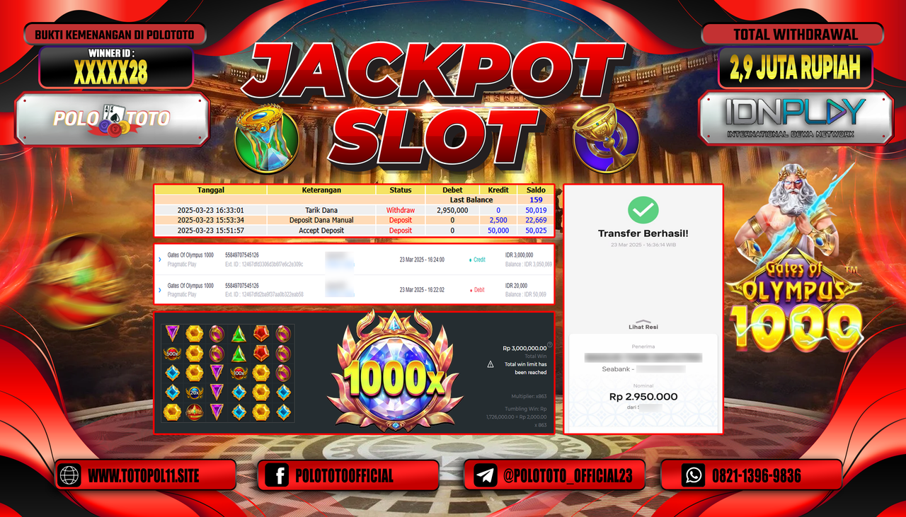 POLOTOTO JACKPOT SLOT GATES OF OLYMPUS 1000 Rp.2.950.000,-