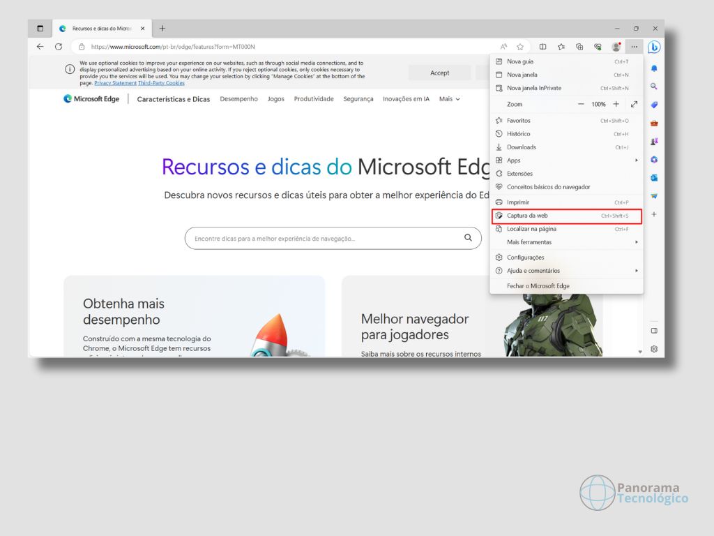 Print da tela do navegador Microsoft Edge mostrando o acesso ao recurso 'Captura da web'