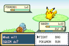 screenshot of a pokemon battle. a squirtle is fighting a pikachu.