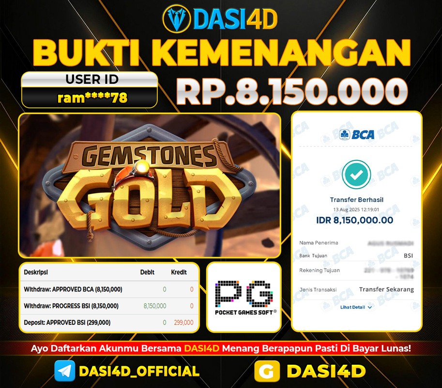 BUKTI KEMENANGAN 13 AGUSTUS 2025 DI GEMSTONES GOLD WD 8.150.000