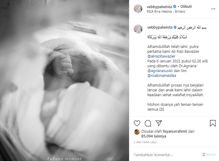 Vebby Palwinta dan Razi Bawazier dikaruniai anak pertama laki-laki