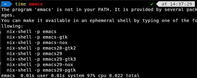 Attempting to start uninstalled package emacs and being presented with the warning that emacs is not in path, but is available in various packages